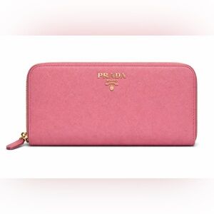 Prada Saffiano Leather Zip Around Wallet Pink Gold Logo Continental